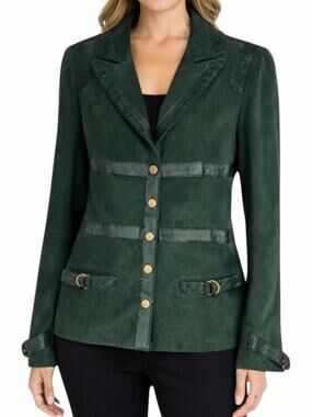 Worth NY Snake Leather Trim Suede Jacket Snap Button Dark Green Size 4